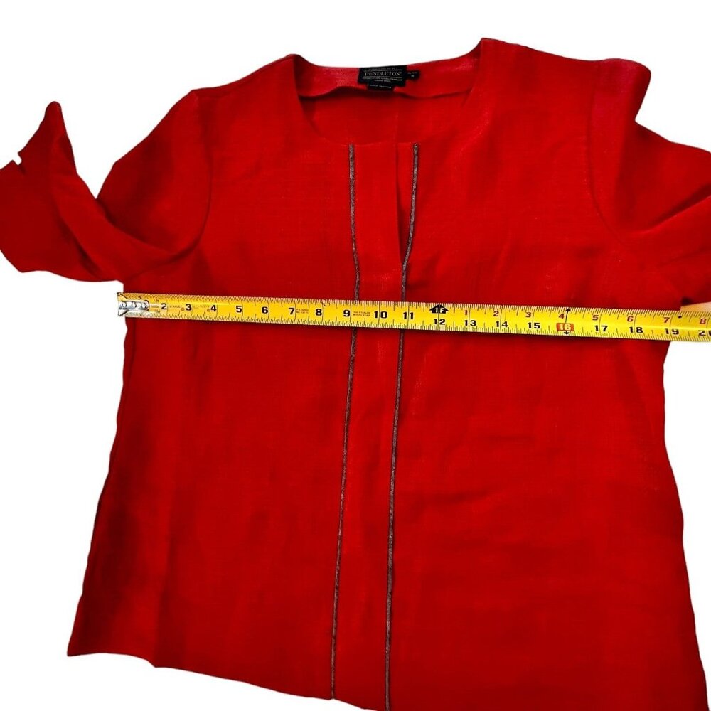 PENDLETON Blouse Womens Petite 8 Red Linen Pullover V Neck Gray Trim 3/4 Sleeve - Picture 12 of 13